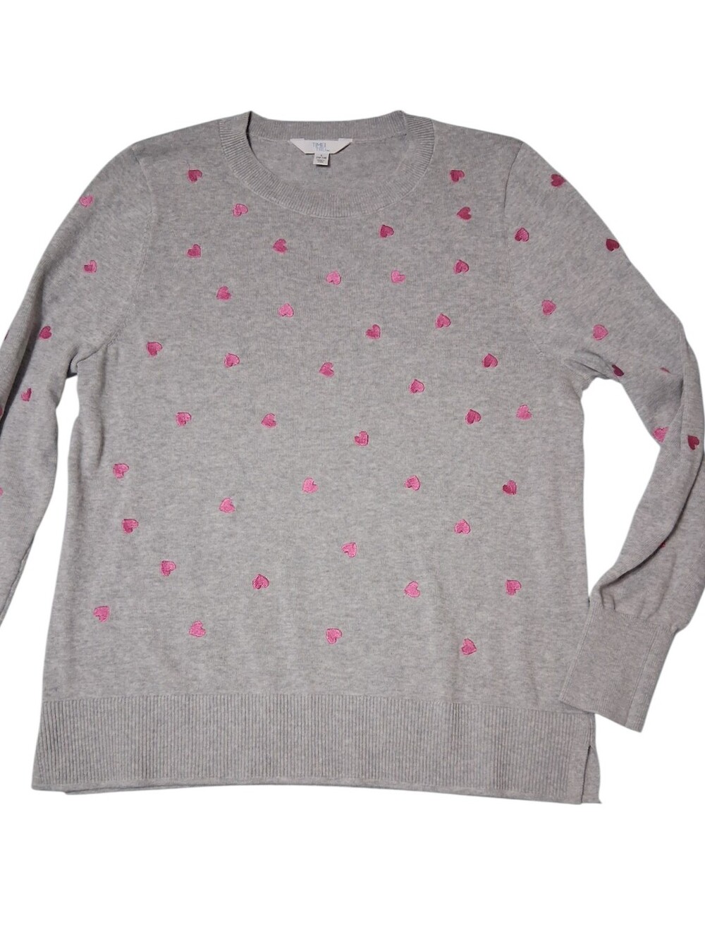 Light Gray Cotton Blend Sweater With Pink Embroidered Hearts Size Large